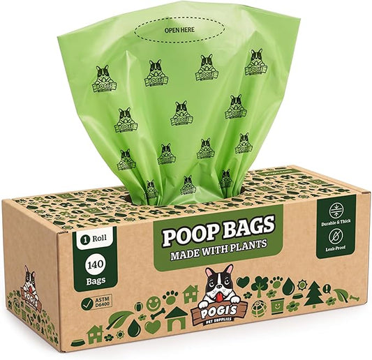 Pogi's Compostable Poop Bags for Home & Yard – Leak-Proof, Extra-Large, Made with Plants (Single Roll, 140-Count)