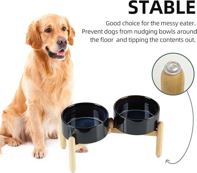 Havniva Ceramic 7.3inch Raised Double Bowls Set with Wooden Stand, Food & Water Bowls for Medium Breed Dogs, Weighted Dog Dishes, Pet Feeder(Starry Sky)