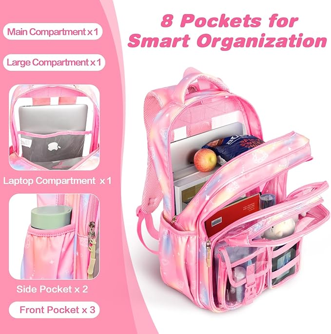 PAMANO Clear Backpack for Girls, Heavy Duty Transparent Bookbag for Kids, See Through Cute Backpacks for Elementary Primary School Work Sport Travel - Pink