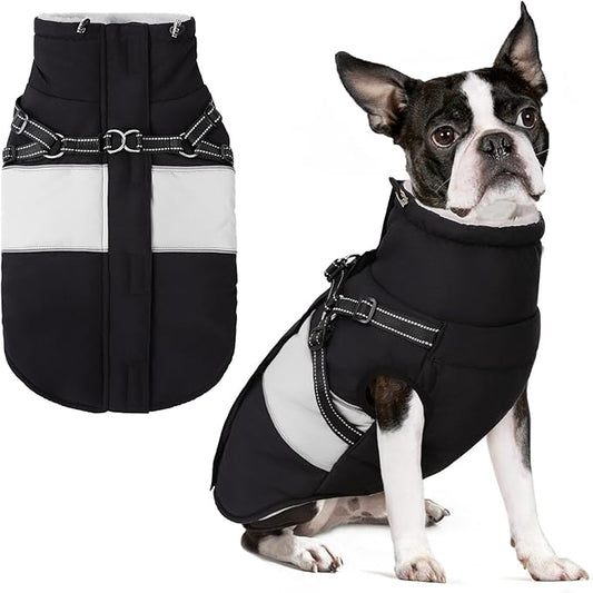 Small Dog Coat with Harness Built in, Warm Dog Jacket Winter with Zipper On Back, Waterproof Pet Snow Jacket Snowsuit Pet Sweater Clothes for Schnauzer, Yorkshire Terrier, Black S