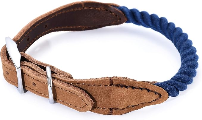 Mile High Life Genuine Leather Dog Collar, Durable Braided Cotton Rope Collar with Metal Pin Buckle for Small Medium Large Dogs (Navy Blue, S Neck 11"-15")