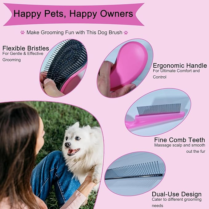3 PCS Puppy Brush Grooming Kit, Stainless Steel Flea Comb, Fit for Yorkie, Shih Tzu, Maltipoo, Soft Bristle (Pink)