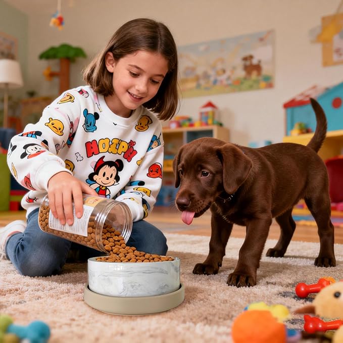 Cat Food and Water Bowl Set, Heavy Weighted Ceramic, No Tip Over, Shallow Wide Whisker Fatigue Silicone Dish, Pet Comfort Feeder for Small Dog, Untippable, Dishwasher Safe, 6 inch