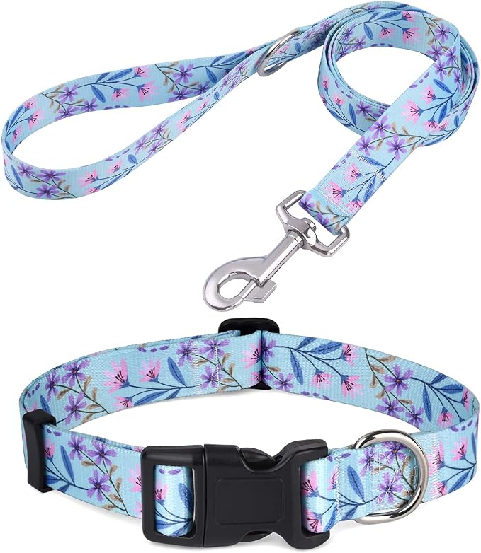 Mihqy Dog Collar and Leash Set with Bohemia Floral Tribal Geometric Patterns - Soft Ethnic Style Collar Adjustable for Small Medium Large Dogs(Pink + Purple Floral Set,L)