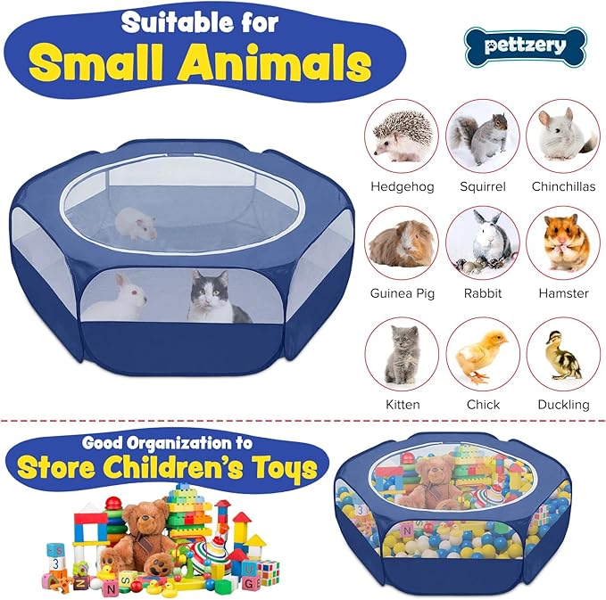 Small Animal Playpen with Zippered Top, Portable Waterproof Pet Cage (47"x23") for Kitten, Bunny, Guinea Pig, Hamster, Chicken Brooder, Indoor & Outdoor Exercise Pen, Foldable Design (Navy)