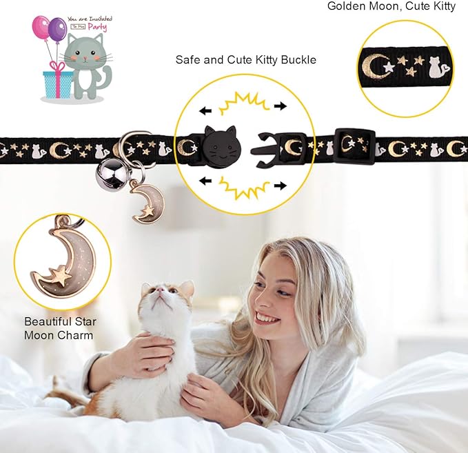 4PCS Cat Collar with Bells,Breakaway Cat Collars,Kitten Collar with Bell Moons Stars Cute Kitty Safe Kitten Collars with Pendant,Cat Collars for Boy Cats 6.9-10.7 Inch(2 Black & 2 Purple)