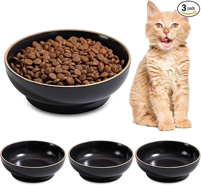 Ceramic Cat Bowl Dishes for Food and Water, Safe Food-Grade Porcelain 5.3 in 3 Pack Cat Dishes and Plates for Feeding Indoor Cats, Kittens and Small Dogs, Durable & Dishwasher Safe Pet Dish, Black
