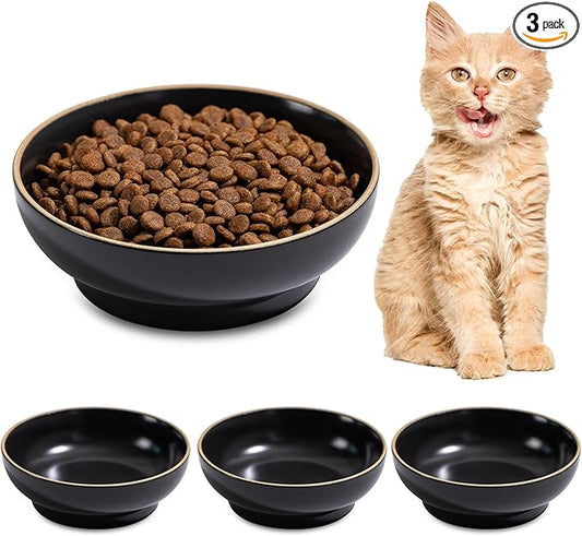 Ceramic Cat Bowl Dishes for Food and Water, Safe Food-Grade Porcelain 5.3 in 3 Pack Cat Dishes and Plates for Feeding Indoor Cats, Kittens and Small Dogs, Durable & Dishwasher Safe Pet Dish, Black