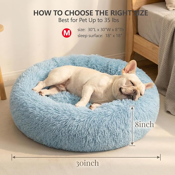 Calming Donut Dogs Beds for Small Dogs Washable,28inch Plush Round Pet Bed for Cozy Sleep,Fluffy Faux Fur Large Cat Bed,Fits up to 30 lbs Pets,Washed Blue