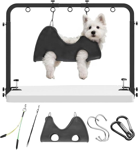 Adjustable Dog Grooming Arm for Table: 42'' Height, 27''–39'' Width, Clamp Fits Up to 2.76'', with Hammock & 2 Nooses – Portable Pet Grooming Station for Nail Trimming, Cats & Dogs at Home