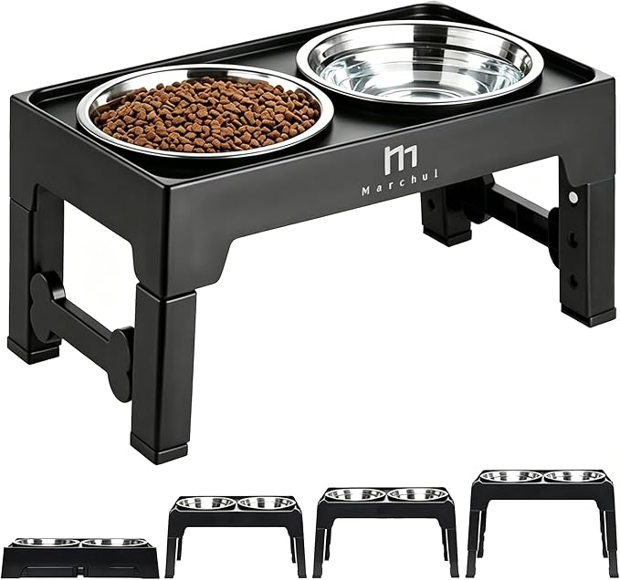 Marchul Elevated Dog Bowls, Raised Dog Food Water Bowls with 2 Thick Stainless Steel Bowls, 4 Height Adjustable, Non-Slip Stand for Medium Large Dogs