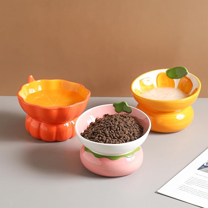 Cute Pumpkin Shaped Bowl, Ceramic Raised Cat Bowl for Food or Water, Anti Vomiting & Whisker Friendly, 9 oz Small Elevated Cat Dish for Indoor Flat Faced Cats and Kitten