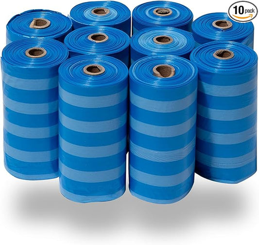 Best Pet Supplies Dog Poop Bags for Waste Refuse Cleanup, Doggy Roll Replacements for Outdoor Puppy Walking and Travel, Leak Proof and Tear Resistant, Thick Plastic - Blue Strips, 150 Bags