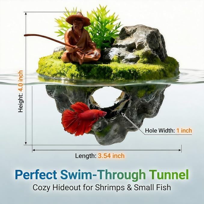 Floating Aquarium Decor, 3D Old Man with Fish Feeding Hook | Safe ABS Floating Fish Tank Decoration with Interactive Feeding Hook for Betta, Guppy, Shrimp and Other Small Aquarium Fish