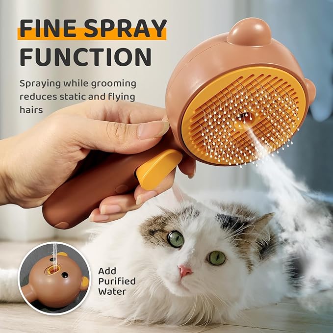 Pecait Cat Steam Brush, Self Cleaning Pet Spray Hair Removal Comb with Release Button, 3 in 1 Cat Brush for Indoor Cats, Waterproof Pet Grooming Brushes for Long Short Haired Dogs Cats（Brown）