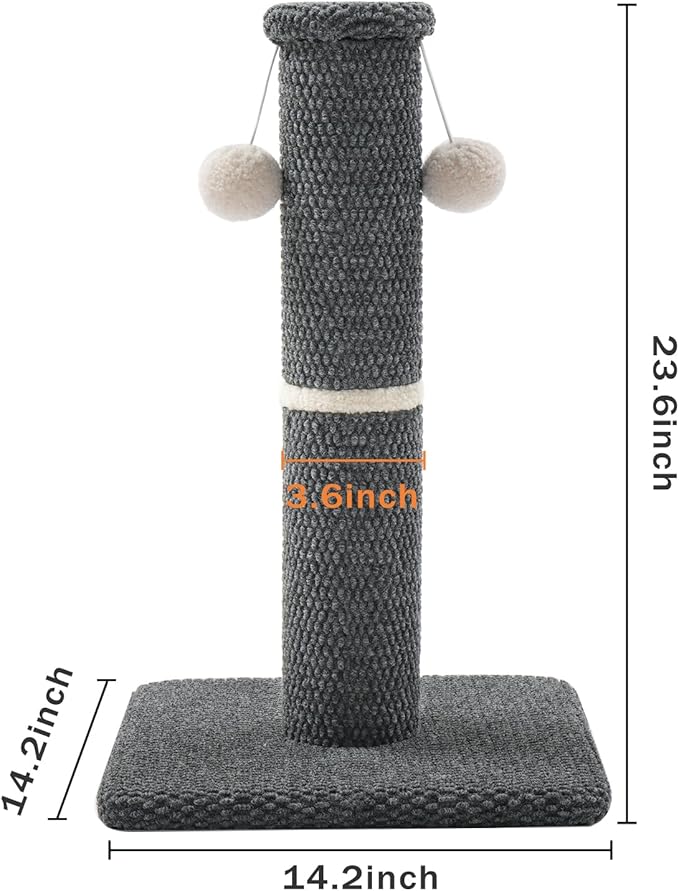 Made4Pets Tall Cat Scratching Post, 23.6" Modern Cat Scratcher with Hanging Balls, Heavy Duty and Thicker Scratching Post for Indoor Cats Adults, Sturdy Base Cat Scratch Post, Dark Grey