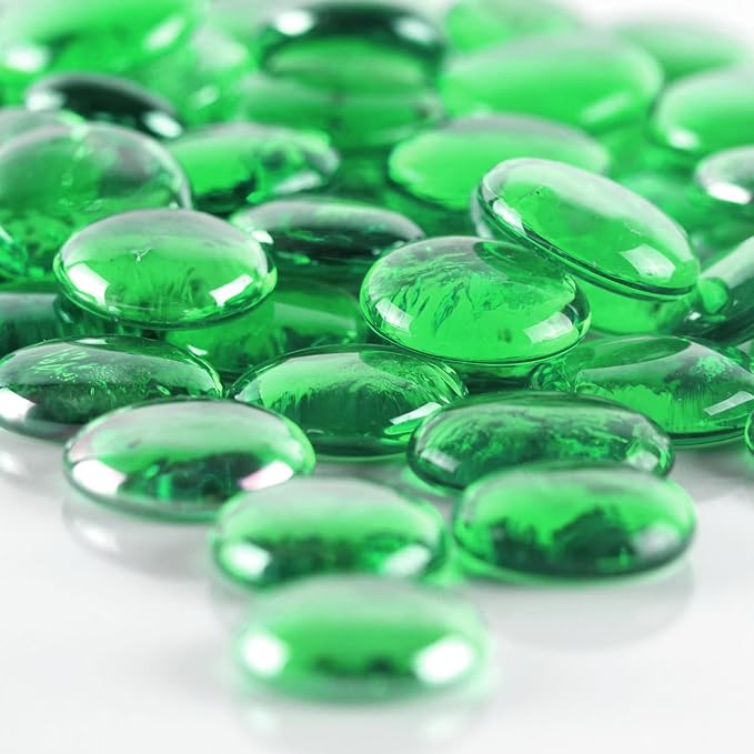 CYS EXCEL X-Large 1.1"-1.35" Green Glass Flat Gemstone Vase Fillers (3 LBS) Multiple Color Choices Marble Beads Aquarium Rocks Floral Supplies Stones Decorative Mosaic Gem Pebbles