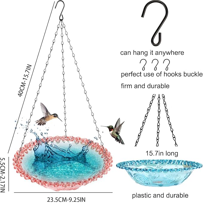 4 Pack Hanging Bird Baths Bowl Outdoor Bird Feeder 15.7 Inch Metal Chains, Weather-Resistant Hanging Bird Feeder & Bath Tray for Garden, Patio, Backyard Wildlife Decor (4Pcs Color)