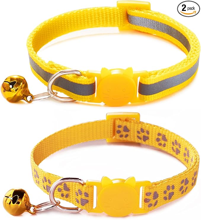 Yellow Cat Collar Breakaway, [2 Pack] Break Away Kitten Collar with Bells, Reflective Cat Collar for Boy Cats Kitty