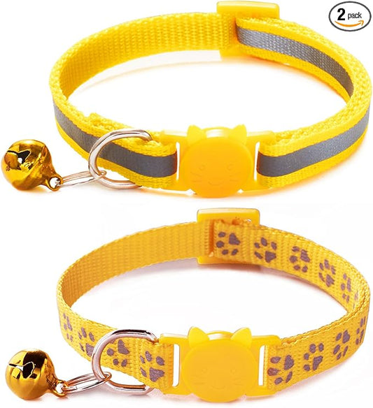Yellow Cat Collar Breakaway, [2 Pack] Break Away Kitten Collar with Bells, Reflective Cat Collar for Boy Cats Kitty