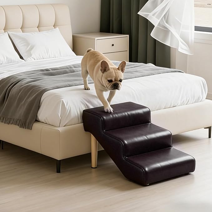 3-Step 15.7" H Dog Stairs for Bed Couch, Waterproof & Scratch PU Leather Pet Steps for Small Dogs and Cats, Dog Ramp with 220 lbs Maximum, Oak Leg & Solid Wood, Non-Slip Feet Brown