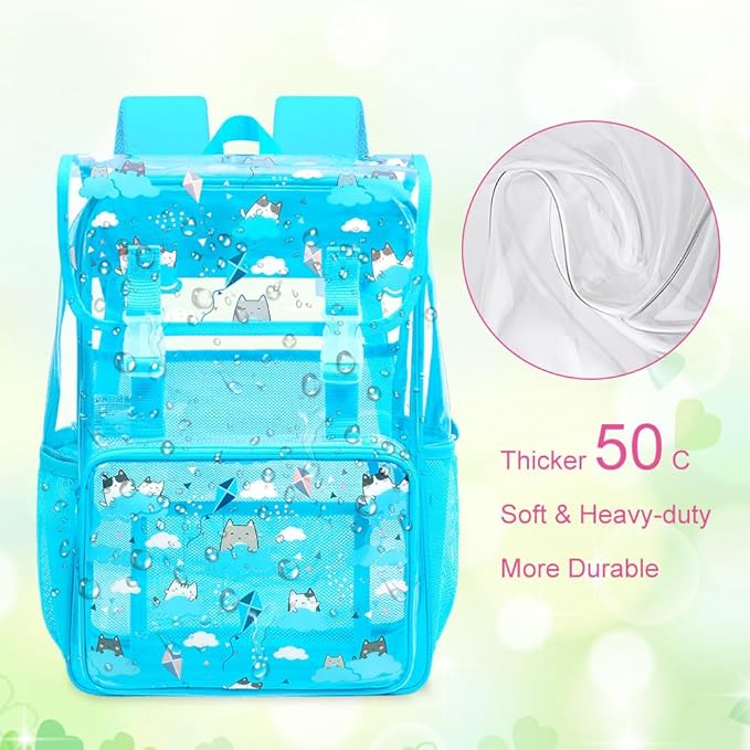 17" Cat Clear Backpack for Girls - 3Pcs Flip Design Stadium Approved Set, Campus/School Transparent Bookbag (Blue)