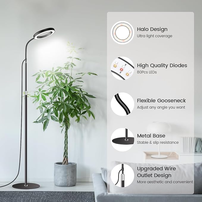 Grow Lights for Indoor Plants, Full Spectrum with Stand, 80 LEDs | 6000K Floor Plant Light, 3 Color Modes, Timer 6/12/16H, 5 Dimmable Levels, 67'' Adjustable Height, Gooseneck