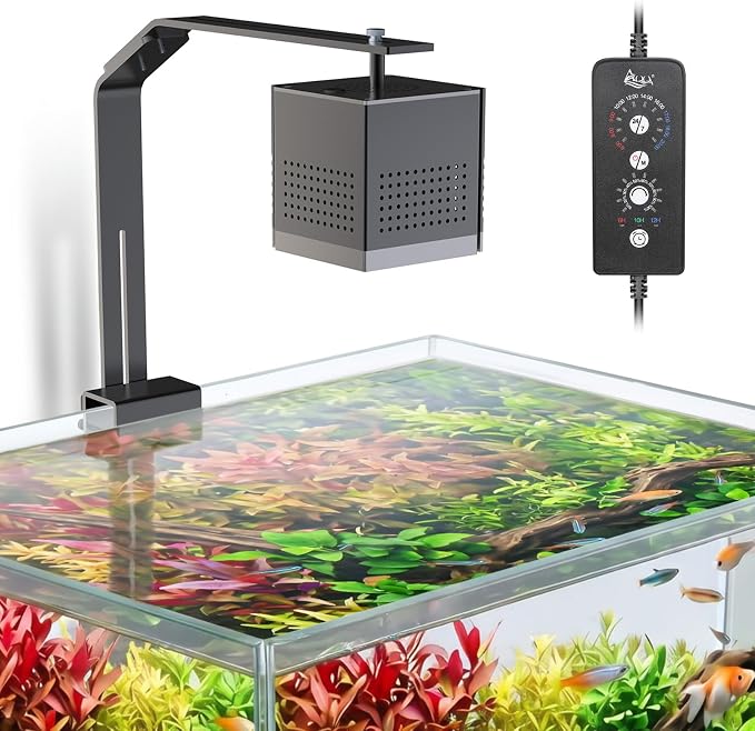 AQQA Clip On LED Aquarium Light with Timer, 24/7 Lighting Cycle Plant Light | 9 Light Colors, Adjustable Timer/Brightness, Adjustable Clamp, Memory Function, IP68 Waterproof, Fits 40–50 Inch Tanks