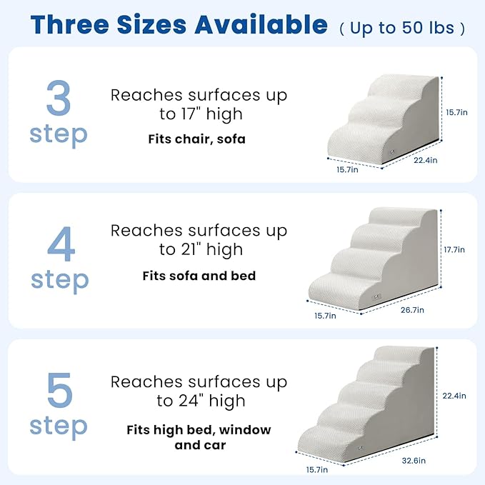 Airpanda Dog Stairs for Small Dogs and Cats – 3 Step Pet Ramp for Couch & Sofa, Non-Slip Dog Steps for Pets, Washable Cover, High-Density Support Foam for Easy Climbing,Light Grey