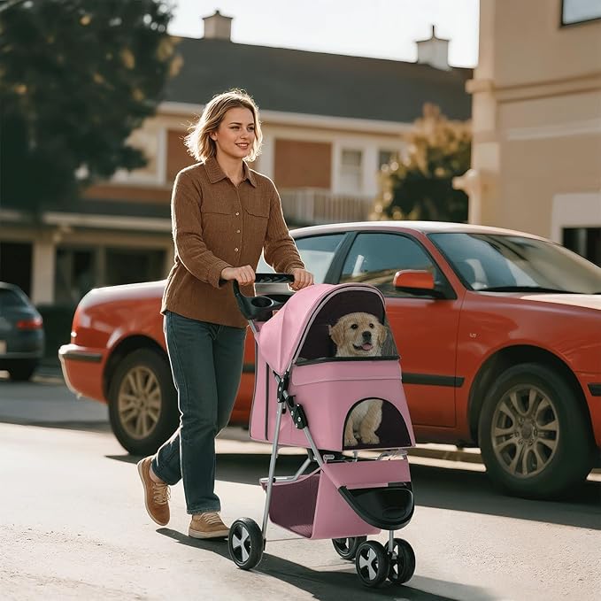 Pink Dog Stroller for Medium Dogs 30 lbs Pet Stroller for Small Dogs Cat Strollers for 2 Cats, 3 Wheels Foldable Jogger Puppy Stroller with Storage Basket and Cup Holder, Pink