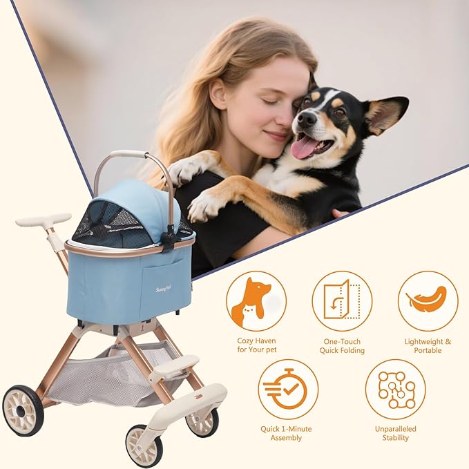 SUNNYFEEL Pet Stroller for Small Dogs and Cats, Aluminum Two-in-one Split, One-Click Foldable Dog Stroller with Detachable Carrier, Holds up to 40 lbs, Side Bag, Breathable Mesh, Blue