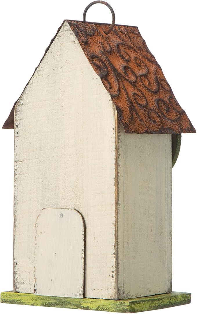 Glitzhome 9.7" H Hanging Birdhouse for Outdoor Patio Garden Decorative Pet Cottage Distressed Wooden Bird House for Finch Swallow Wren Chickadee, Leaves Rustic White