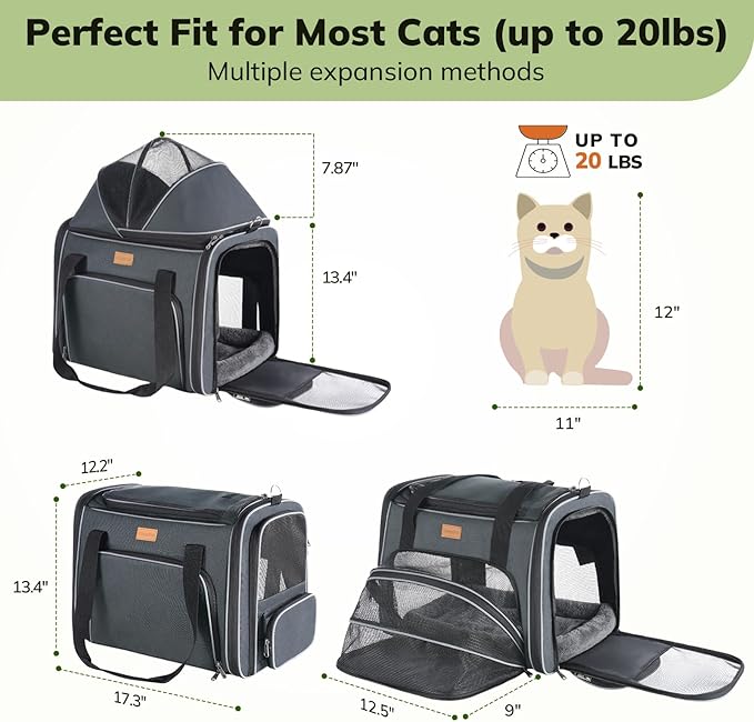 Morpilot Top and Side Expandable Cat Carrier, Collapsible Soft-Sided Pet Carrier for Medium/Large Cats and Puppies up to 20lbs for Car Rides and Vet Visits, with Dual-Sided Cushion& Bowl (Dark Gray)
