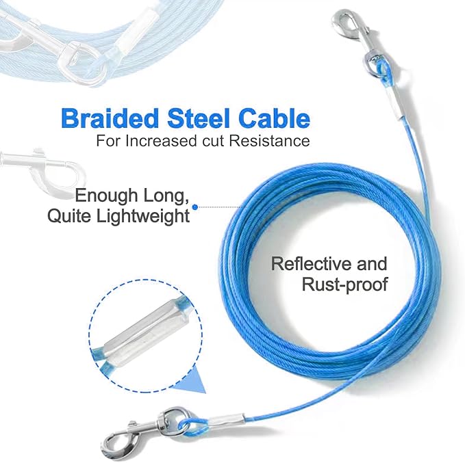 Tie Out Cable for Dogs,10/20/30/50/100FT Dog Leads for Yard Chew Proof,Heavy Duty Tie Out Cable for Large Dogs Up to 125lbs,Dog Runner Tether (Blue, 125Ibs 10ft)