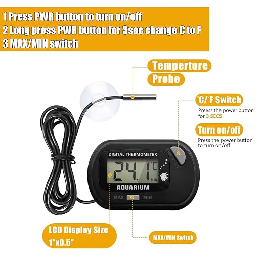 Digital Aquarium Thermometer with LCD Display MAX/MIN Memory for Fish Tank/Reptile Terrariums Water Temperature Gauge with Precision Sensor (Grey)