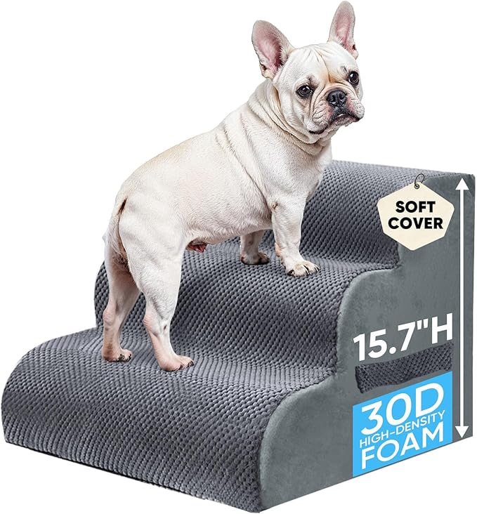 PAWSCRAT Pet Stairs for Dogs 3-Step, 15.7" H Pet Stairs for High Bed, Couch Sofa & Chair, 30D Material Soft Foam Dog Steps with Non-Slip Bottom Surface Removable Washable Cover, Grey
