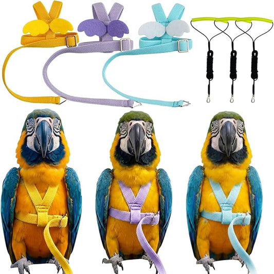 3 Pack Adjustable Bird Harness with Elastic Leash, Pet Parrot Harness and Leash, Adjustable Training Design Anti-Bite, Bird Nylon Rope with Cute Wing for Conure African Grey (Macaw)