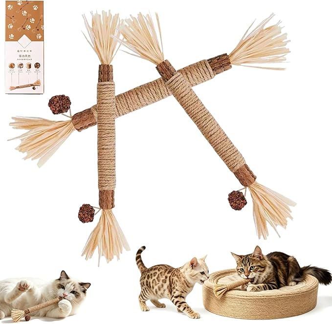 Natural Silvervine Dental Sticks, Silver Vine Sticks Cats with Raffia, Chew Sticks for Cats, Cat Chew Rope for Enrichment Pet Supplies, Calm Cat Boring (3PCS (Boxed))
