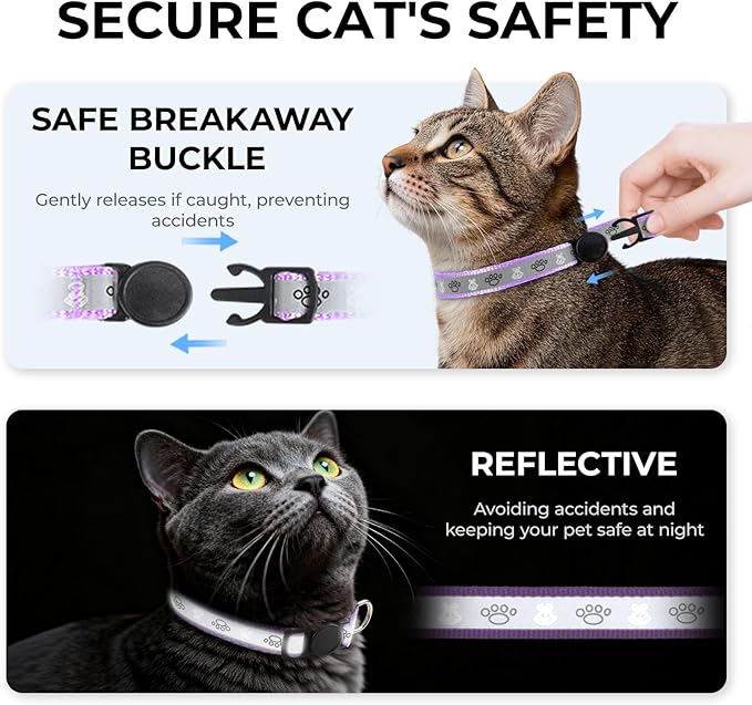 Cat Collar Breakaway, Reflective Kitten Collar with Bell, Safety Buckle Kitten Collar, Lightweight, Adjustable, Comfortable, Suitable for Boy Girl Cats (7"-13") Lilac