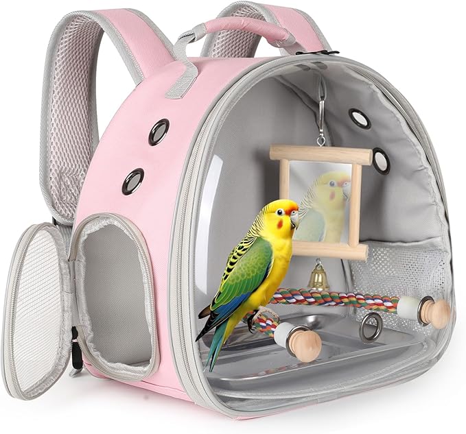 Portable Parrot Travel Cage Carrier with Mirror Standing Toy Set Small Bird Parakeet Bag with Standing Perch Bird Carry Transport Bag (Pink, Backpack/Mirror)