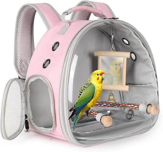 Portable Parrot Travel Cage Carrier with Mirror Standing Toy Set Small Bird Parakeet Bag with Standing Perch Bird Carry Transport Bag (Pink, Backpack/Mirror)