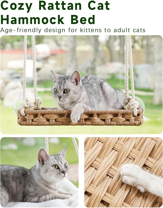 SETVSON Cat Window Perch Cat Window Hammock Bed for Indoor Cats, Large Handwoven PE Rattan Window Seat, 4 Suction Cups, Double Sided Washable Cushion Bed, 2.3 Inch Fence Shelf, for Pet Kittens Natural