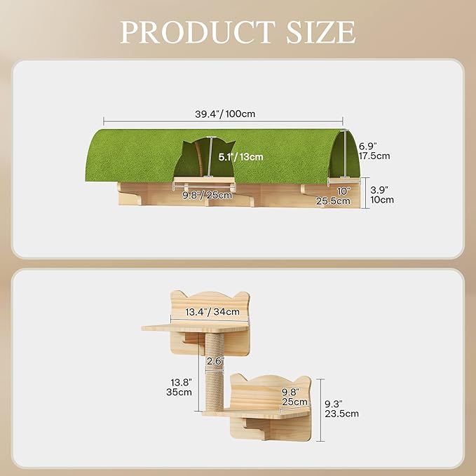 Cat Wall Shelves with Tunnel, 7-in-1 Solid Wood Wall Mounted Cat Furniture with Scratching Post, Cave & Steps, Multi-Level Cat Climbing Wall Systems, Space Saving, Floating Cat Shelves
