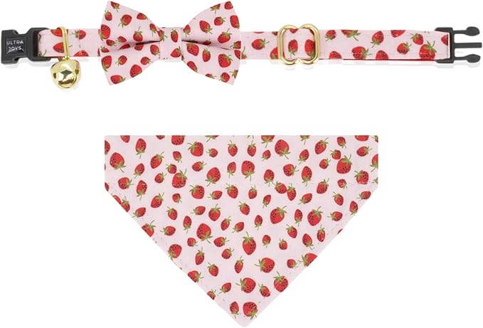 Ultra Joys Breakaway Cat Collar with Bells - Kitten to Large, Boy & Girl Cat Collars with Bandana and Bowtie Strawberry Pattern