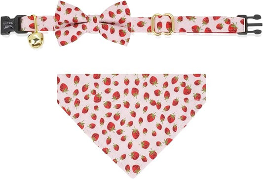 Ultra Joys Breakaway Cat Collar Kitten Collar with Bell, Bowtie & Bandana - Strawberry Small