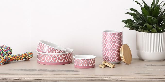 Bone Dry Lattice Collection Pet Bowl & Canister, Large Set, 7.5x2.4 inches, Rose, 2 Piece