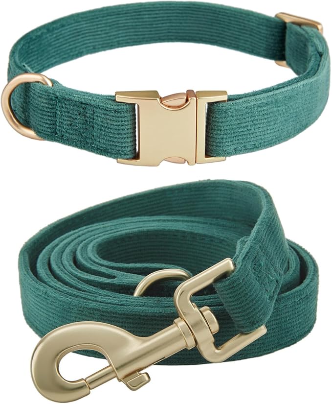 Soft Corduroy Dog Collar and Leash Set Adjustable Durable Dog Collars with Metal Buckle and Lead for Small Dogs,Dark Green