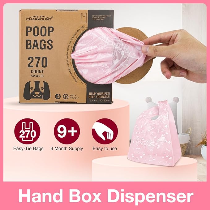 Charmount 270 Counts Unscented Dog Poop Bags Rolls with Handles, 16"x8"Extra Thick Pet Waste Bag, Leak Proof and Easy Tie, Cat Litter Bags, Pink