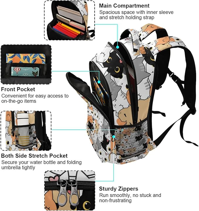 Sinestour Cute Cat School Backpack for Boys Girls Portable Wide shoulder strap Backpack Lightweight Travel Bag College Casual Daypack with Reflective Strip Large
