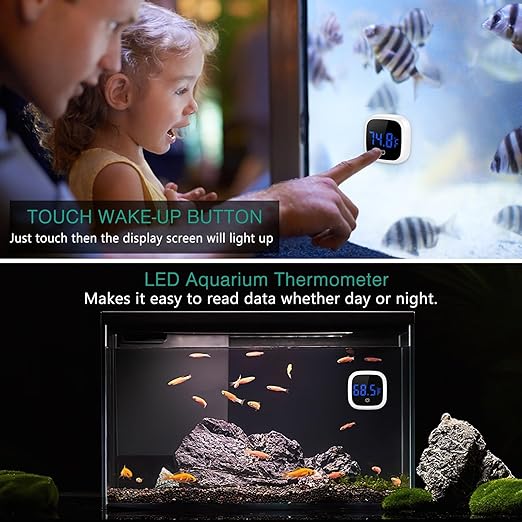 ORIA Digital Aquarium Thermometer, Stick-on LED Fish Tank Thermometer, Mini Aquarium Thermometer with 0.18°F Accuracy, Touch Button, Battery, for Fish, Reptile, Axolotl, Salt/Fresh Water